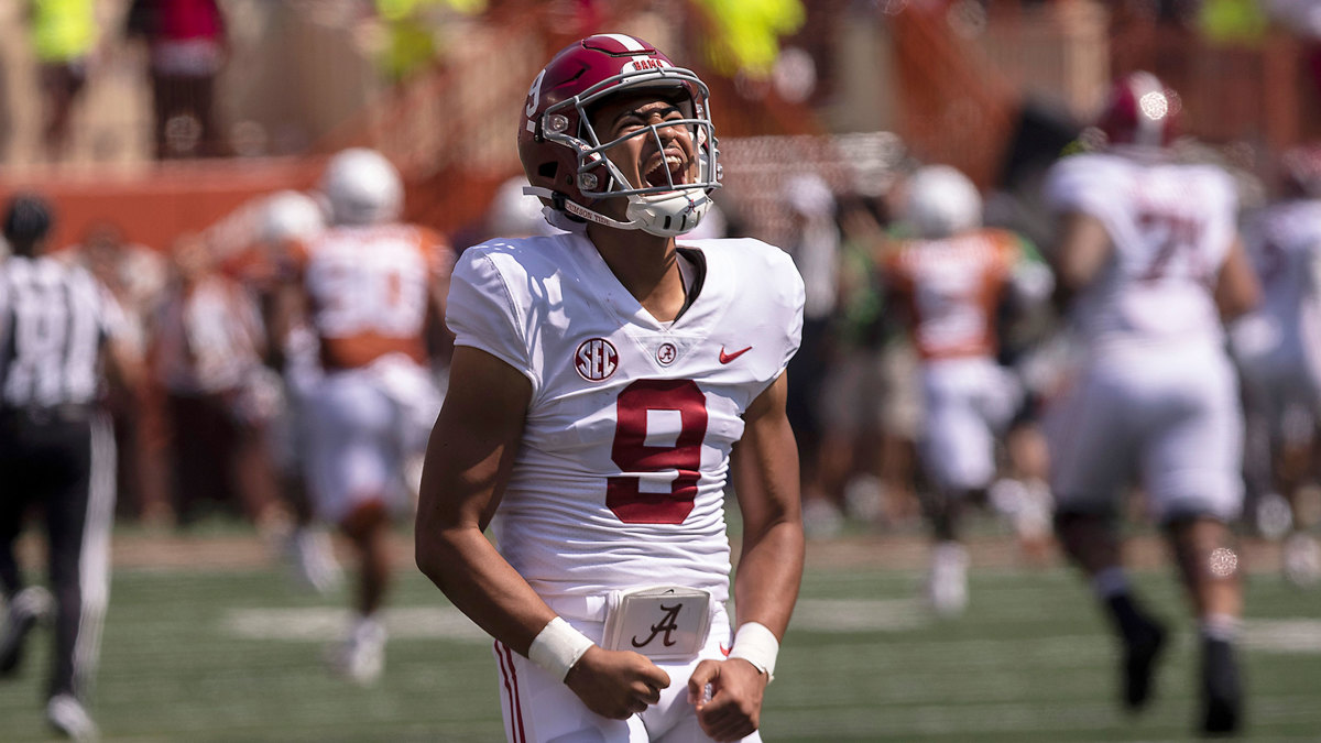 Bryce Young is pumped up in celebration